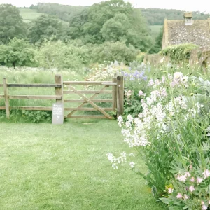English countryside garden with a wooden gate, rolling hills, and blooming flowers.