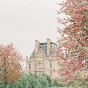 Historic château with spring trees – romantic France art print, travel wall decor.