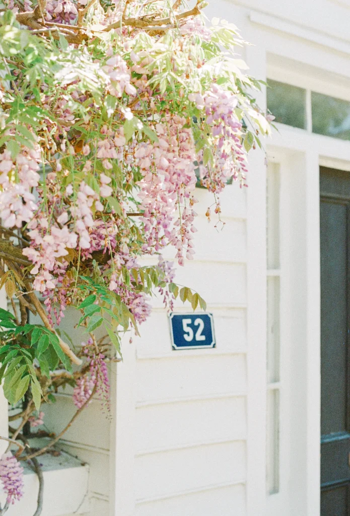 House number 52 with pink blossoms – sweet corner detail print, France floral wall art.