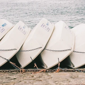 Row of white boats stacked by the shoreline.