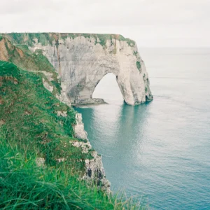 Dramatic white cliffs overlooking the sea.