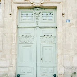 Pale blue French door with ornate detail – charming France wall art, architecture fine art print.