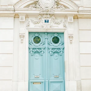 Ornate blue door in Paris – architectural France art print, elegant European wall decor.