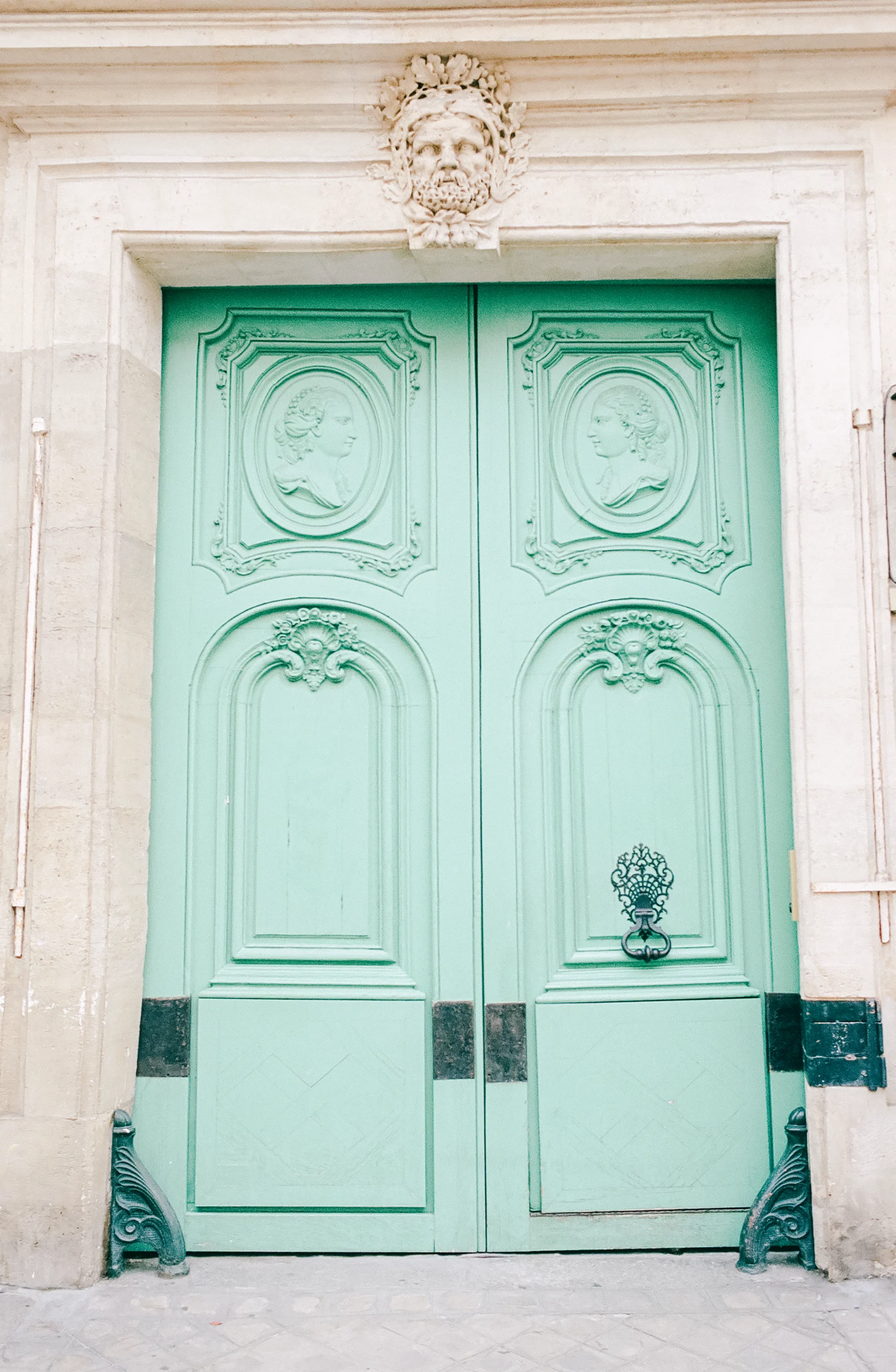 Turquoise ornate Parisian door – architectural Europe art print, France travel photography.