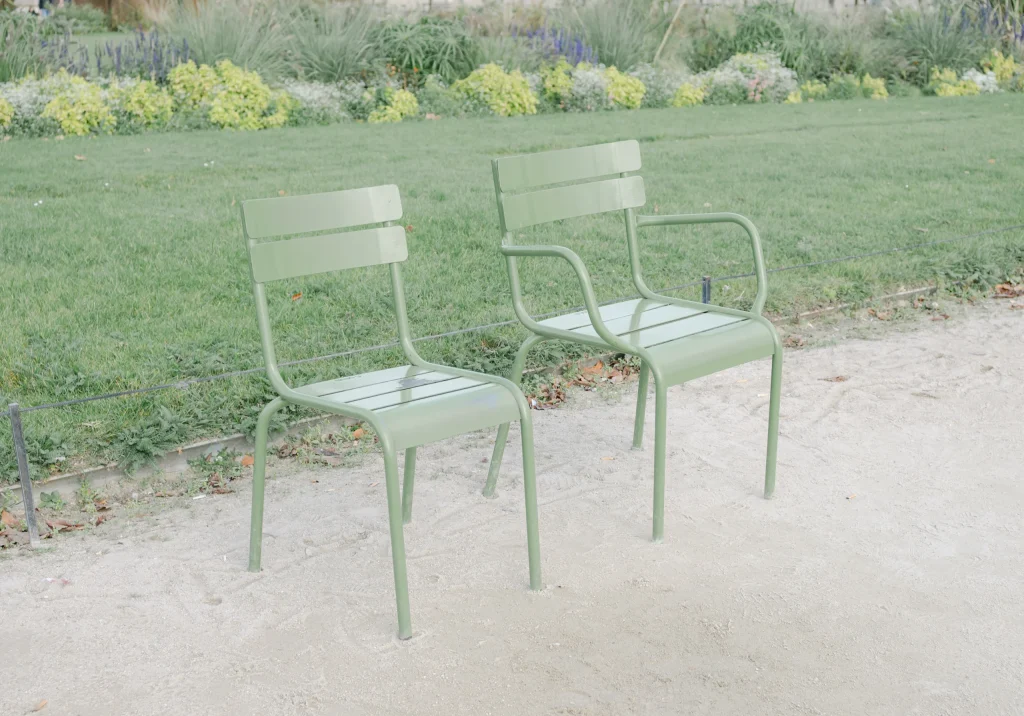 Two garden chairs in French park – minimalist Europe travel print, peaceful wall art.