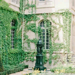 Ivy-covered courtyard with an ornate water fountain.