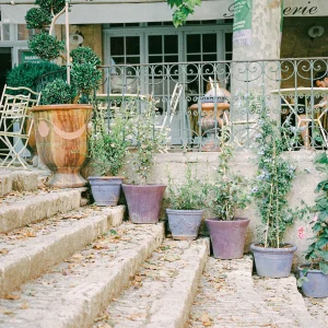 Garden stairway with terracotta pots – rustic Provence travel art, France wall decor.